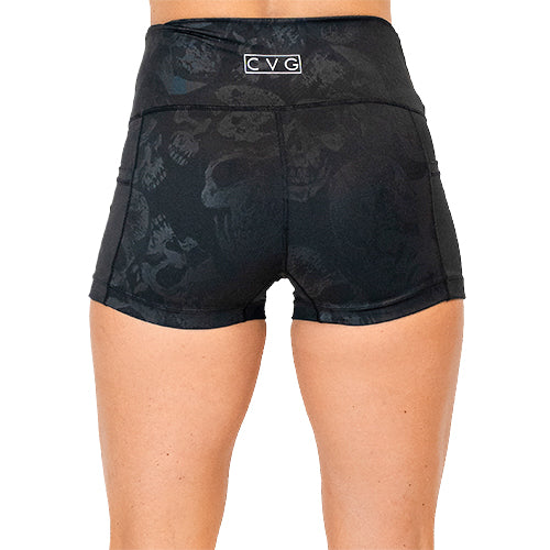 back view of black on black skull print 2.5 inch shorts