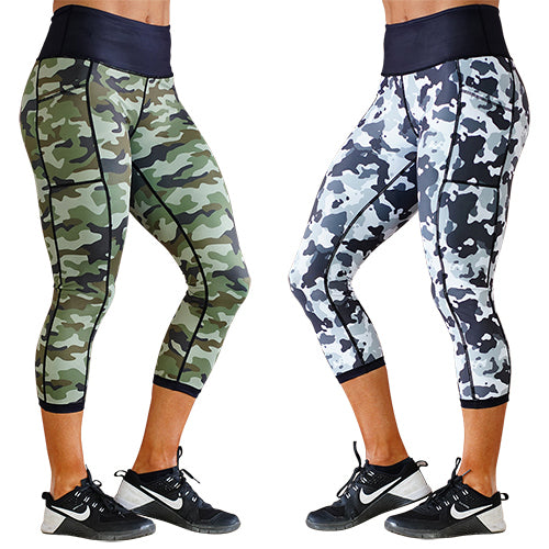 capri length green and blue camo print leggings