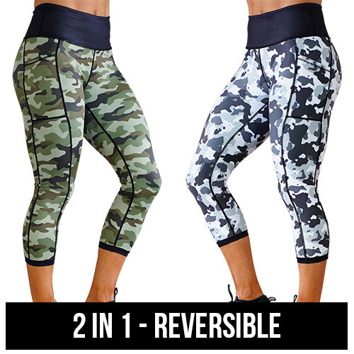 2 in 1 reversible green and blue camo patterned leggings