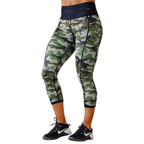 capri length green camo print leggings