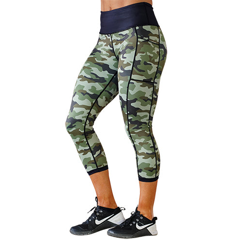 capri length green camo print leggings