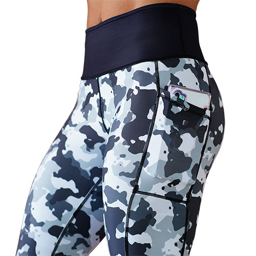 close up of blue camo print leggings