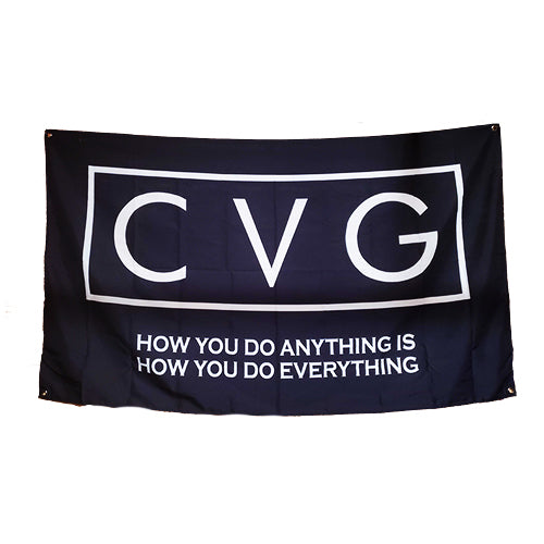 front view of cvg gym flag that says "cvg how you do anything is how you do everything"
