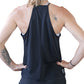back view of the black high neck flowy tank top