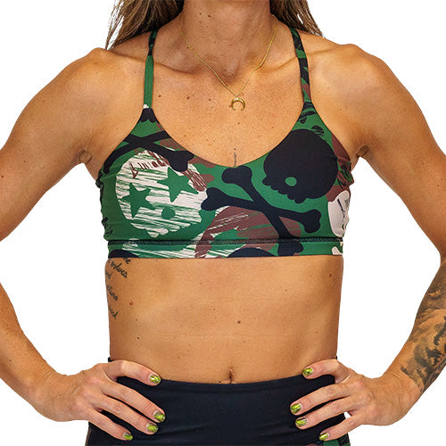 front view of green, black, brown and tan camo skull patterned bra