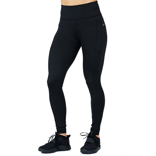 full length solid black leggings with mini skull and barbells logo on side pocket
