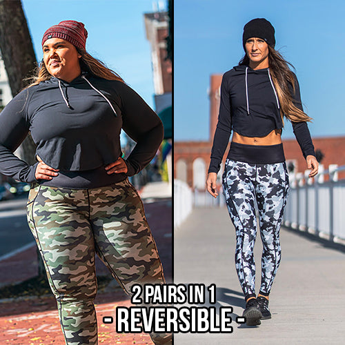 models wearing 2 in 1 blue and green camo patterned leggings