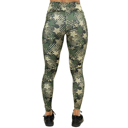back view of full length green camo leggings