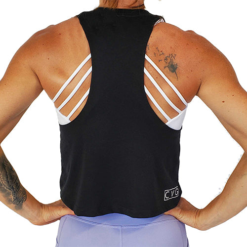 back view of black waist length crop top