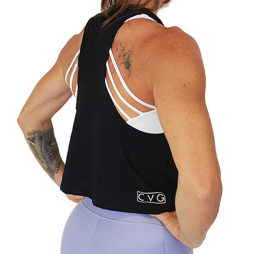 back view of black waist length crop top