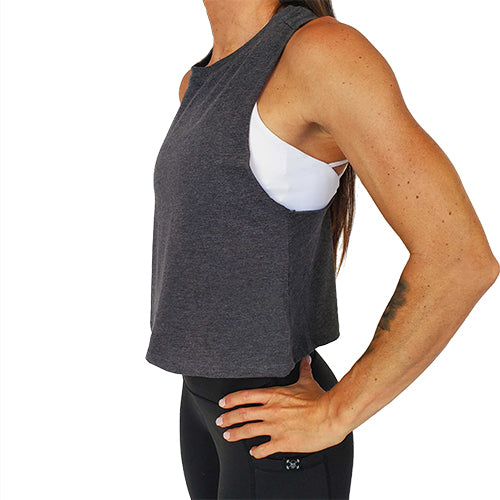side view of grey waist length crop top