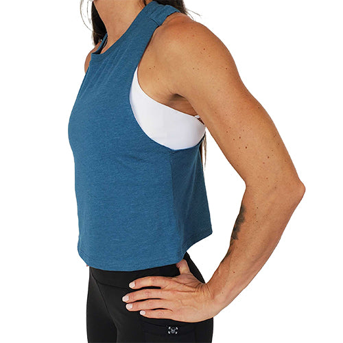 side view of blue waist length crop top