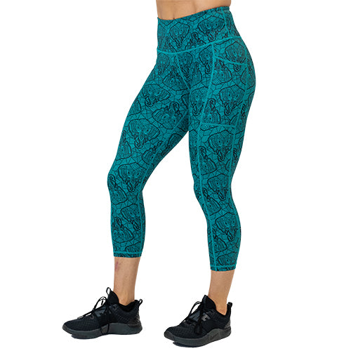 capri length teal leggings with black elephant line pattern