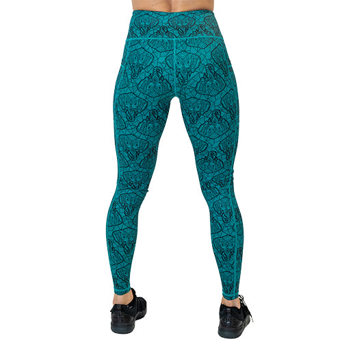 back view of full length teal leggings with black elephant line pattern