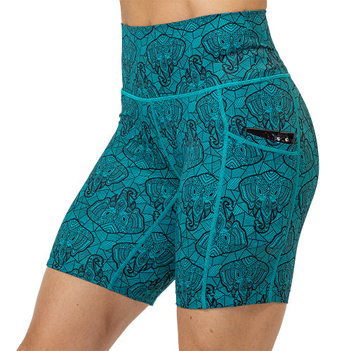 blue elephant outline 7 inch shorts with a phone in its pocket against a white background