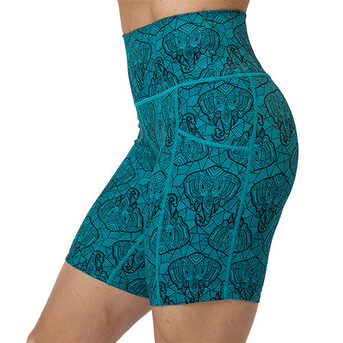 7 inch blue elephant outline shorts facing the side against a white background