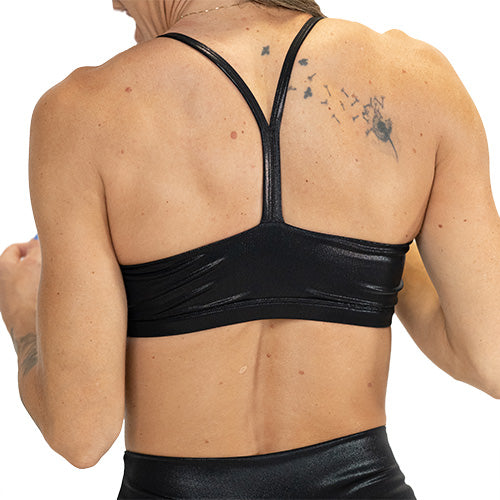 back of black faux leather bra