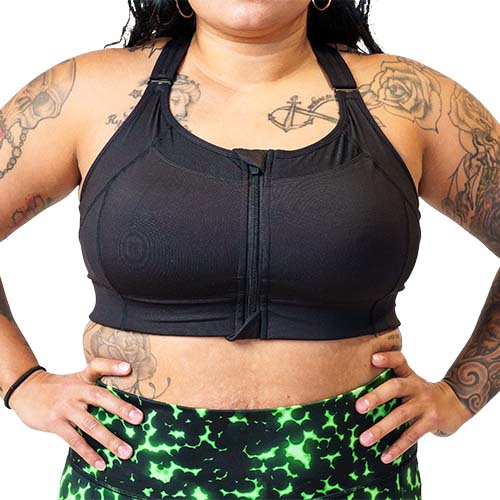 front view of solid black front zipper bra