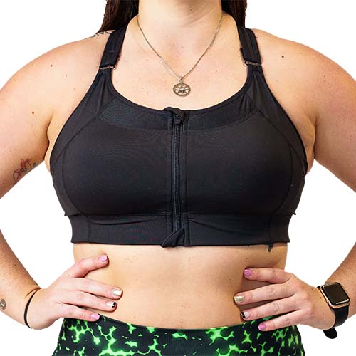 front view of solid black front zipper bra