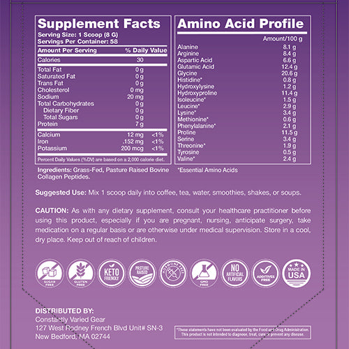 nutrition facts that is behind the bag of collagen