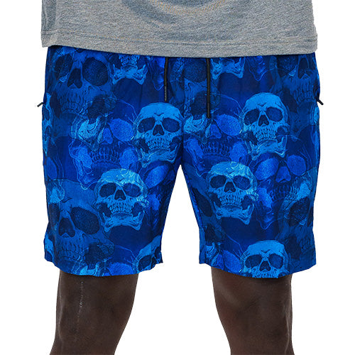 front view of blue skull quarter length unisex shorts