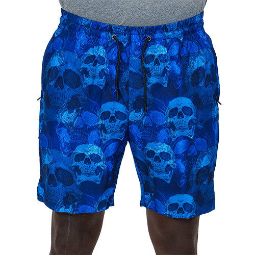front view of blue skull quarter length unisex shorts