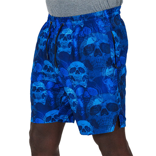 side view of blue skull quarter length unisex shorts