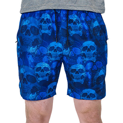 front view of blue skull quarter length unisex shorts