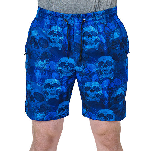 front view of blue skull quarter length unisex shorts