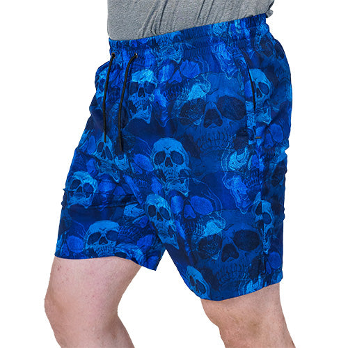 side view of blue skull quarter length unisex shorts