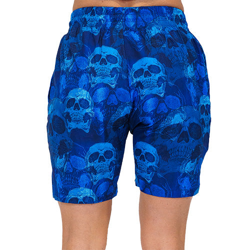 back view of blue skull quarter length unisex shorts