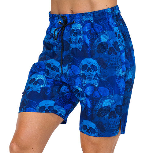 side view of blue skull quarter length unisex shorts