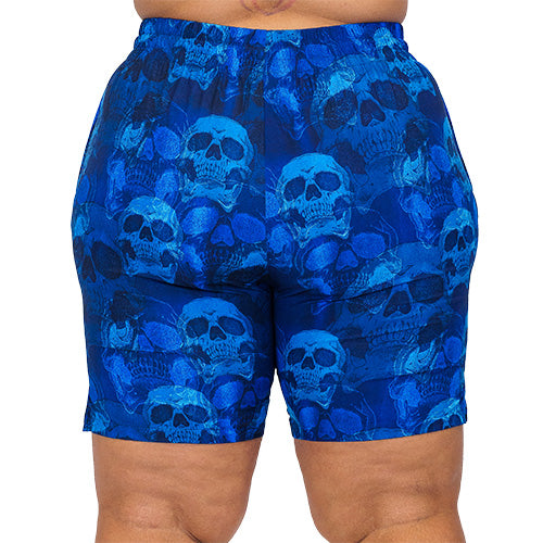 back view of blue skull quarter length unisex shorts