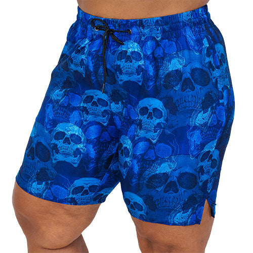 front view of blue skull quarter length unisex shorts