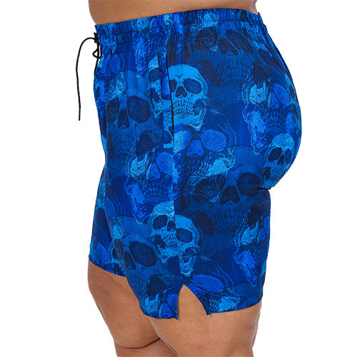 side view of blue skull quarter length unisex shorts