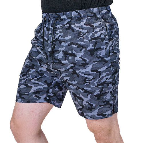 front view of black and grey camo quarter length unisex shorts