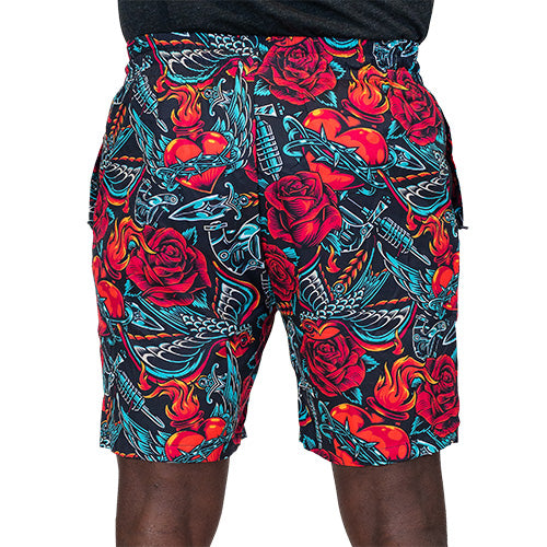 back view of heart, roses and chains design on quarter length unisex shorts