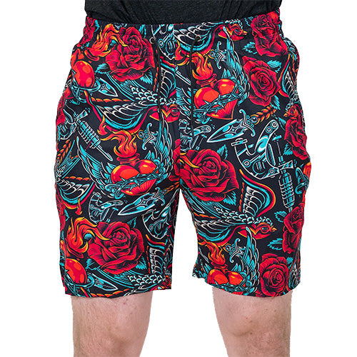 front view of heart, roses and chains design on quarter length unisex shorts