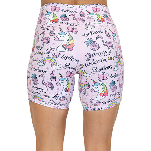 back view of rainbow unicorn 5 inch shorts