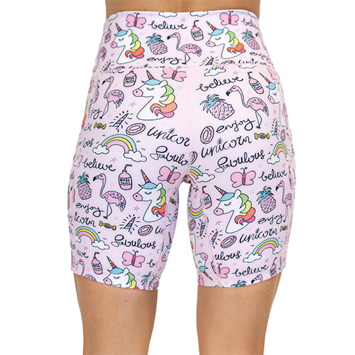 back view of rainbow unicorn 7 inch shorts