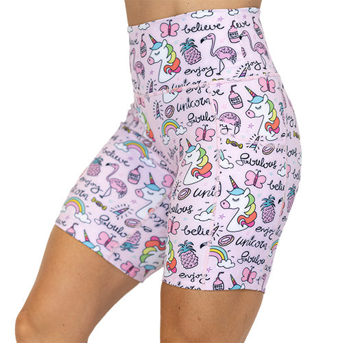 side view of rainbow unicorn 7 inch shorts