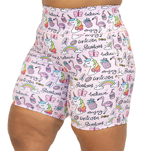 front view of rainbow unicorn 7 inch shorts