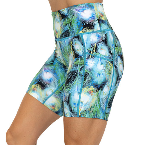 side view of peacock feather 7 inch shorts