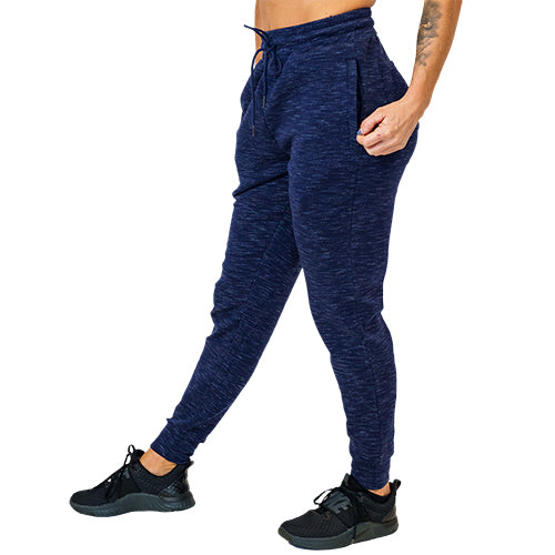 Blue jogger pants with a drawstring on a white background