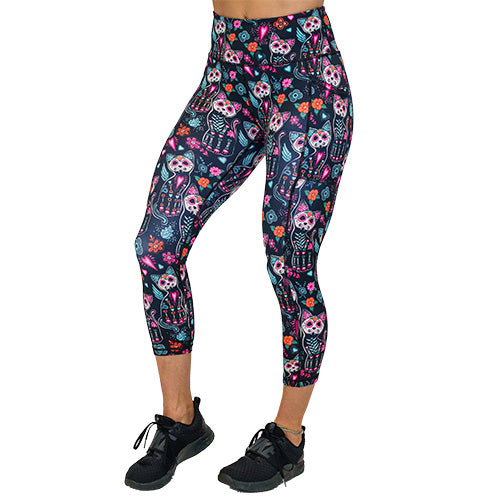 capri length cartoon skeleton cat print leggings