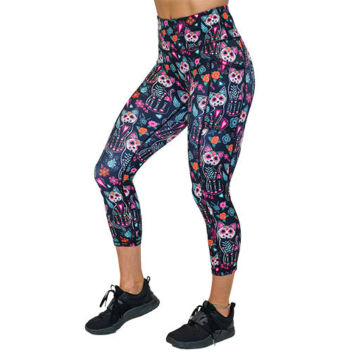 capri length cartoon skeleton cat print leggings