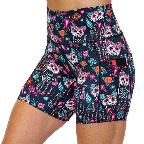 side pocket view of kitty skeleton design on 5 inch shorts