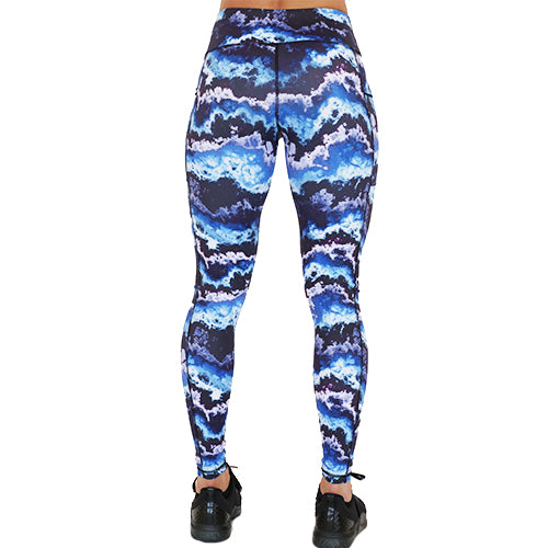 back view of full length blue and white tie dye leggings