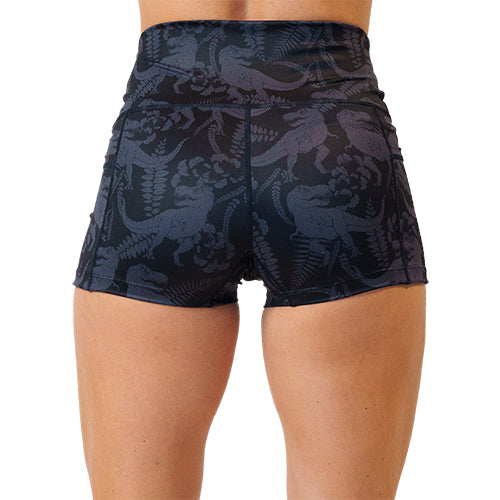 back view of 2.5 inch black on black dinosaur printed shorts