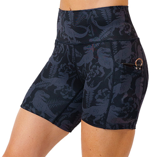5 inch black on black dinosaur printed shorts with pockets